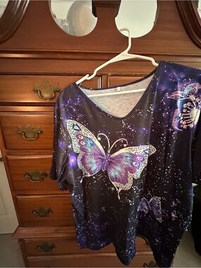 Purple Galaxy Butterfly V-Neck Tee